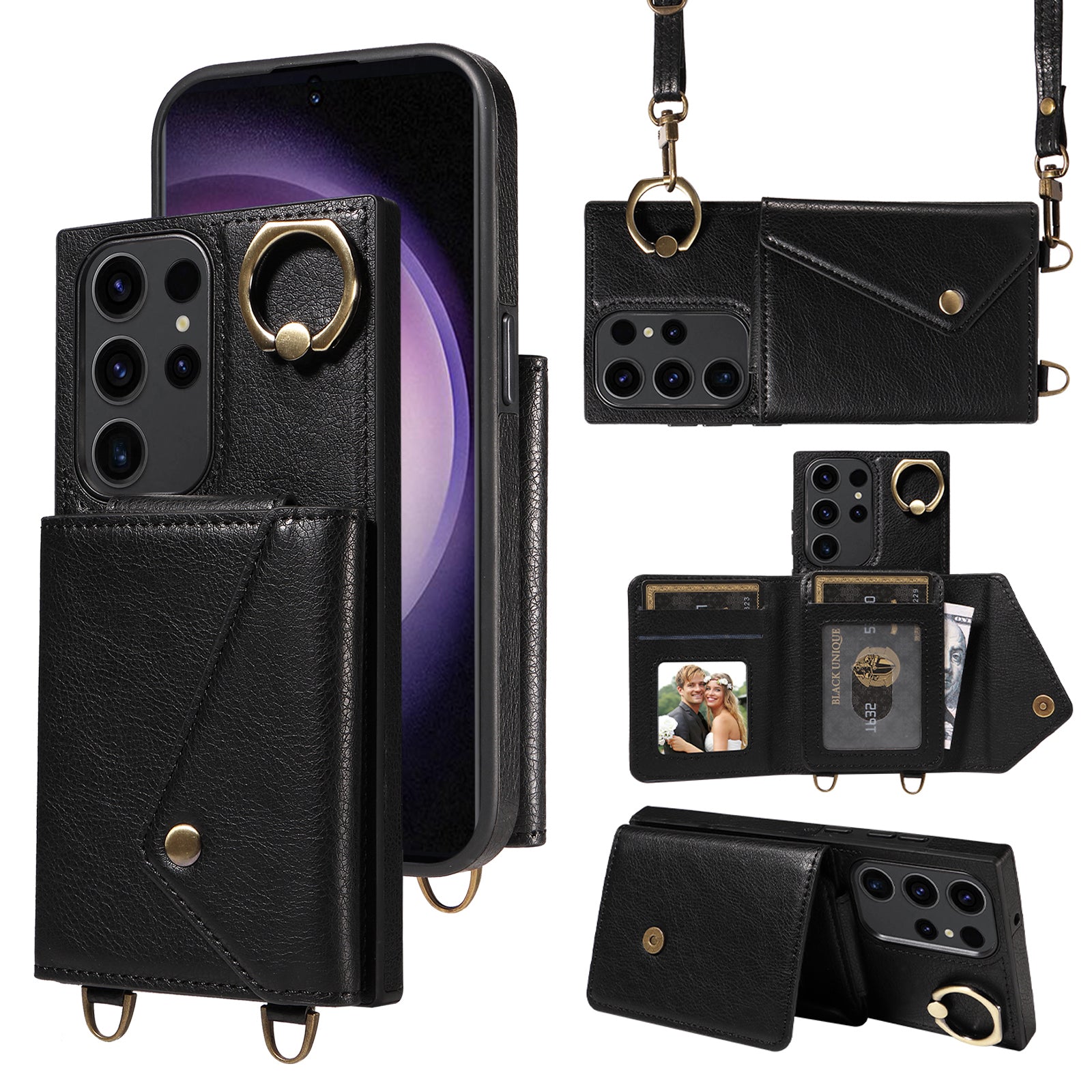 002 Card Bag Shell for Samsung Galaxy S23 Ultra Ring Kickstand Cover Litchi Texture Leather TPU Phone Case with Shoulder Strap 002 Card Bag Shell for Samsung Galaxy S23 Ultra Ring Kickstand Cover Litchi Texture Leather TPU Phone Case with Shoulder Strap